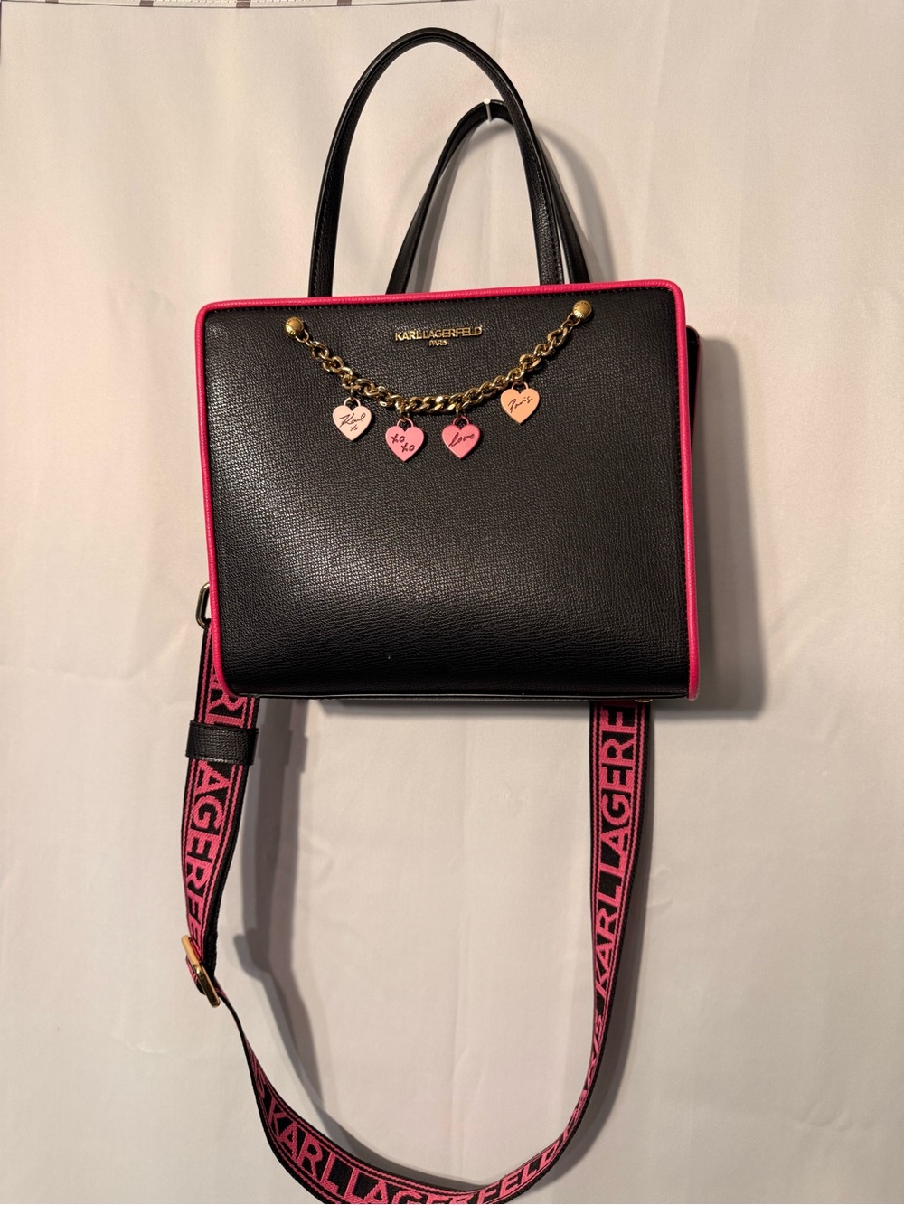 Karl Lagerfeld Black Satchel with Hot Pink Trim and Heart Charm Chain
